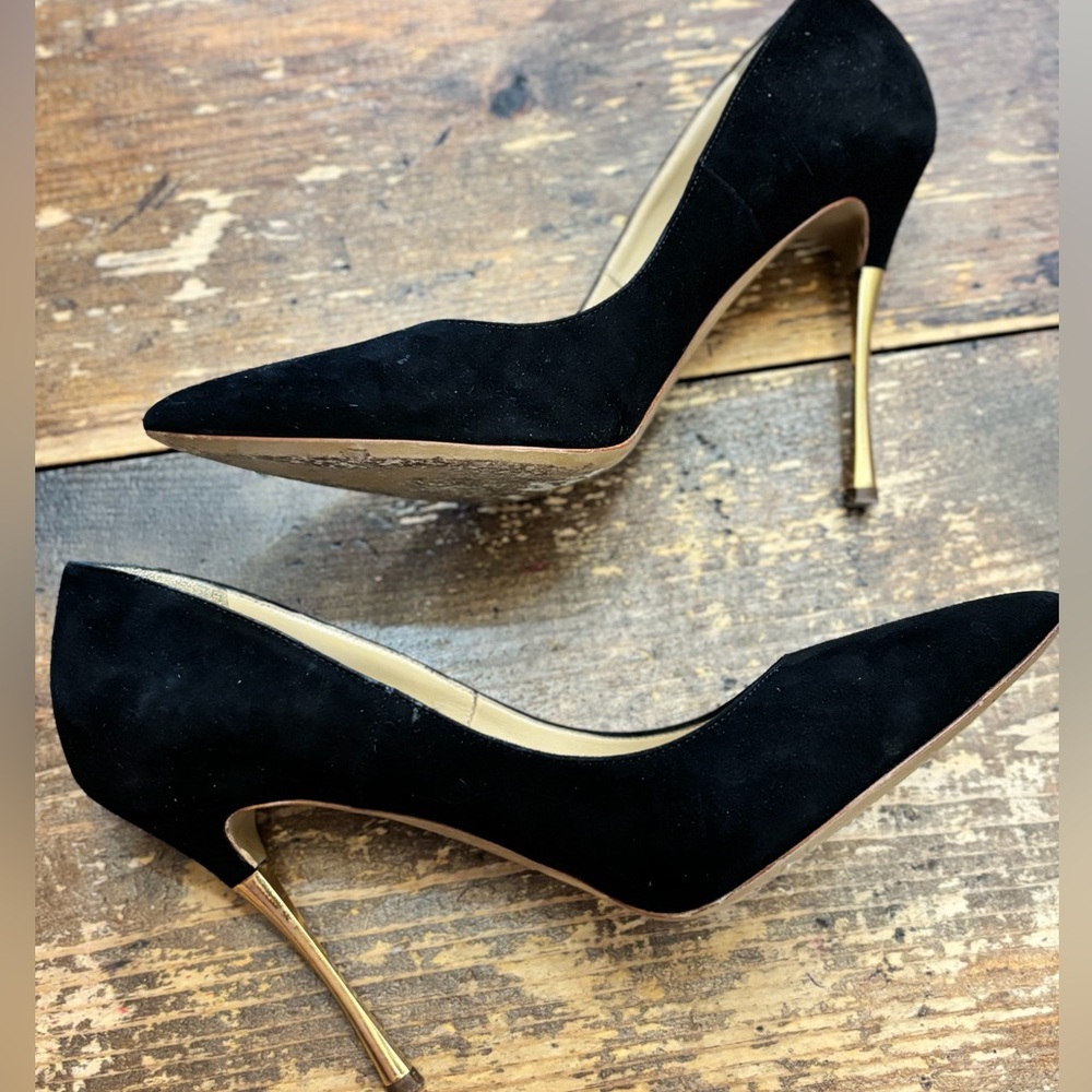 Nicholas Kirkwood Black Suede Gold Heel Stiletto Pumps Pointed Toe